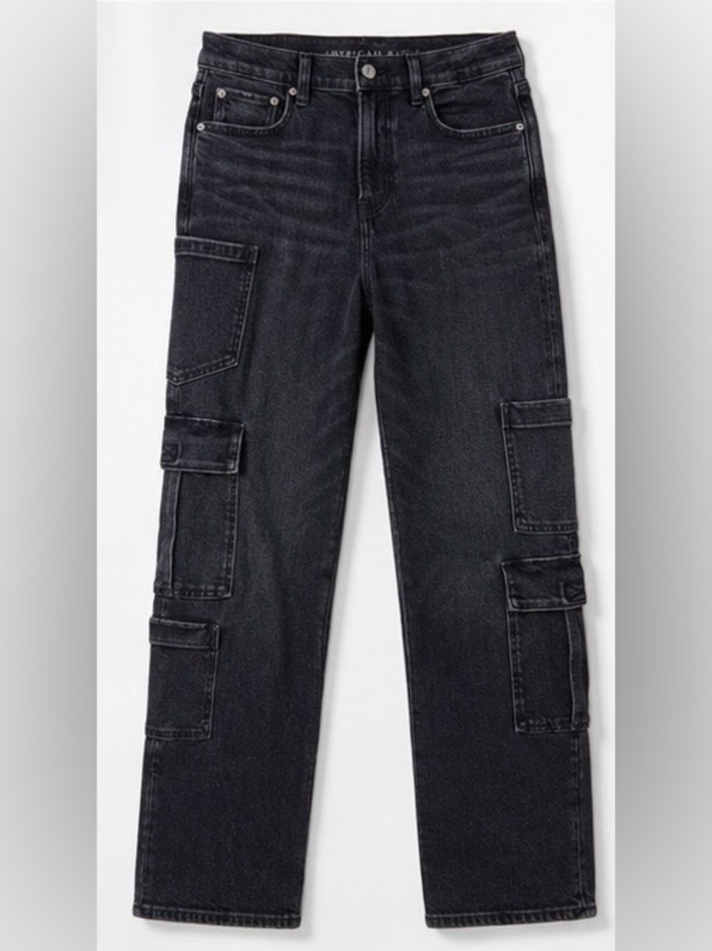 American Eagle Super High Rise Baggy Straight Cargo Jeans Black Wash 10 Short - Picture 5 of 11